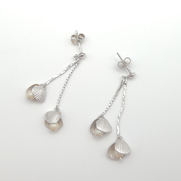 Jewelry - Silver Seashell Drop Earrings with Pearl | Dainty Beach Coastal Jewelry